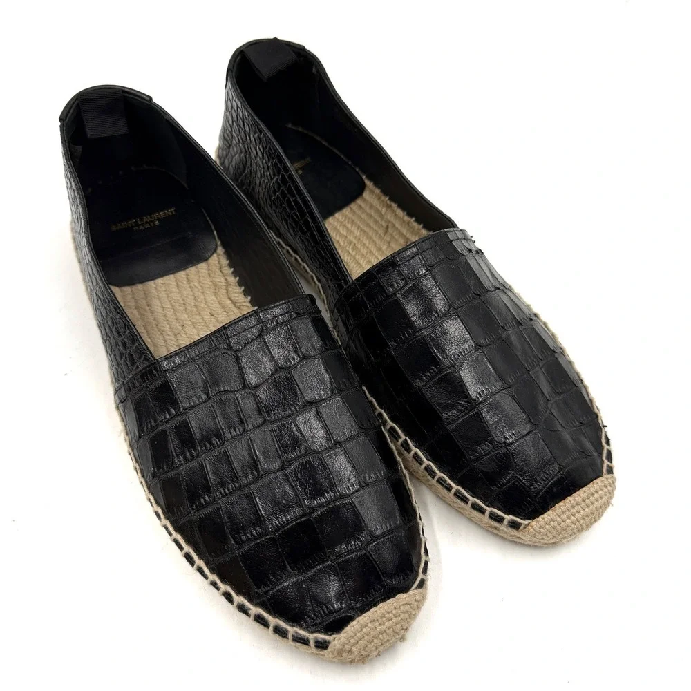 Saint Laurent Espadrilles Black Croc Embossed Leather Flat Slip On Sz 42 / 12